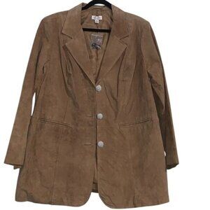 D&Co. Womens Genuine Leather Blazer 1X Brown Polka Dot Textured Polyester Lining